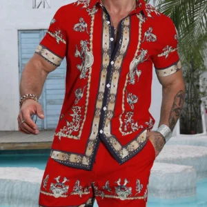 Baroque Luxury Printed Men's Shirt Shorts 2 Piece Set Summer Casual Shirt Hawaiian Beach