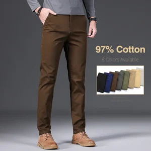 97% Cotton Men's Casual Pants Autumn Fashion Comfortable Elastic Slim Straight Business