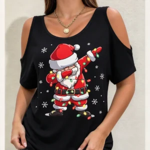 Santa Claus Printed Women's Cold Shoulder T-shirts Casual O-neck Loose Short Sleeve Tops