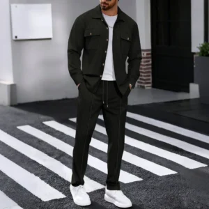 Men's Casual Workwear Shirt Set Long Sleeve Double Pocket Autumn New Style Cotton Blend