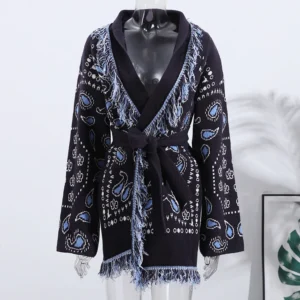 Vintage Tassels Print Women's Print Cardigan V-Neck Lace Up Full Sleeve Spliced Sweaters
