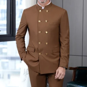 2 Piece Stand Collar Double-Breasted Chinese Style Men's Suits With 3 Real Pocket Wedding