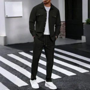 Workwear Style Long Sleeve Double Pocket Solid Color Two Piece Set Shirt And Cardigan Combo