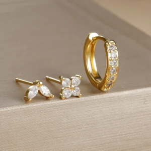 3PCS Stainless Steel Gold Color Circle Hoop Earrings Set for Women Simple Zircon Flower Stud