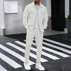 Workwear Style Long Sleeve Double Pocket Solid Color Two Piece Set Shirt And Cardigan Combo