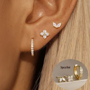 3PCS Stainless Steel Gold Color Circle Hoop Earrings Set for Women Simple Zircon Flower Stud