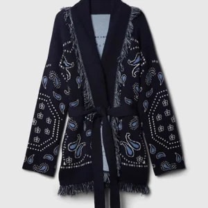 Vintage Tassels Print Women's Print Cardigan V-Neck Lace Up Full Sleeve Spliced Sweaters