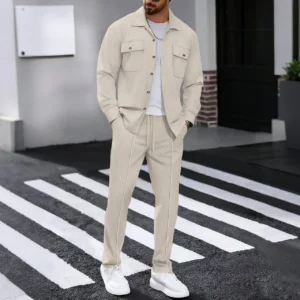 Men's Casual Workwear Shirt Set Long Sleeve Double Pocket Autumn New Style Cotton Blend
