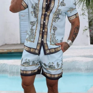 Baroque Luxury Printed Men's Shirt Shorts 2 Piece Set Summer Casual Shirt Hawaiian Beach