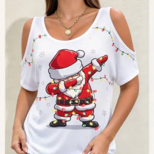 Santa Claus Printed Women's Cold Shoulder T-shirts Casual O-neck Loose Short Sleeve Tops